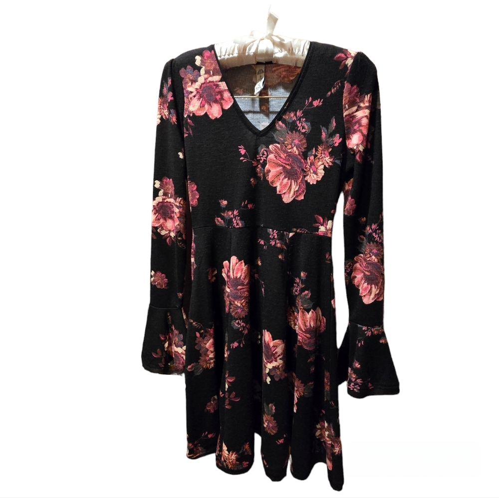 American Rag Black Long-sleeve Floral Print Dress Size XXS
